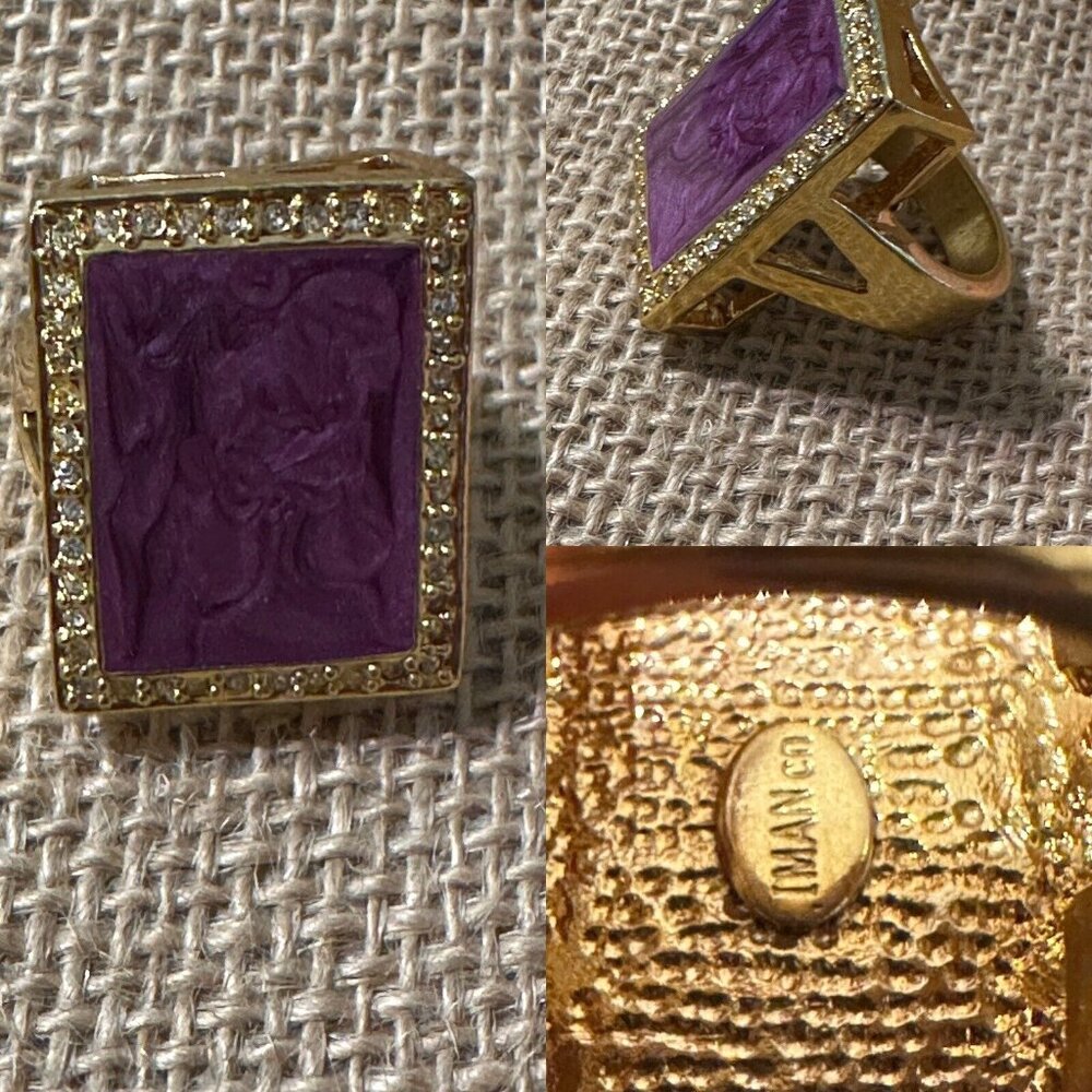 HSN IMAN Designer Knockout Purple  & Gold Tone Large  Ring  Jewelry 8.75